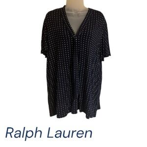 Ralph Lauren Navy /White Polka Dot V-Neck Top   PLUS:  2X     #N